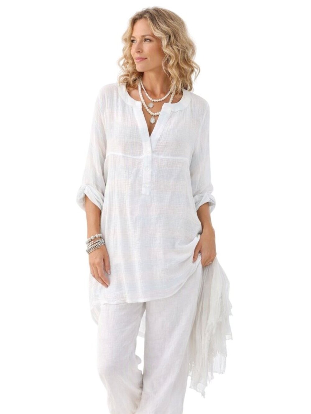 Light Blue Striped Kaktus Waffle Gauze Tunic Shirt 100% Cotton XL Lagenlook